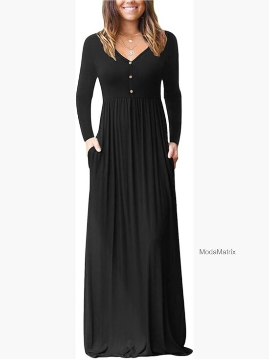 Dresses & Skirts - Long Sleeve V Neck Maxi Dress with Pockets